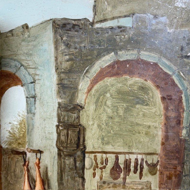Antica coppia splendidi dipinti su vetro epoca XVIII sec . scuola veneta. Scene contadine mis 46 x 3