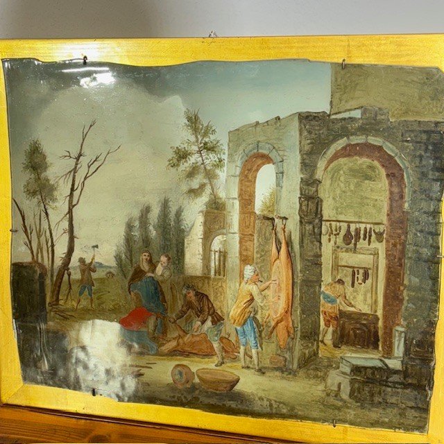 Antica coppia splendidi dipinti su vetro epoca XVIII sec . scuola veneta. Scene contadine mis 46 x 3