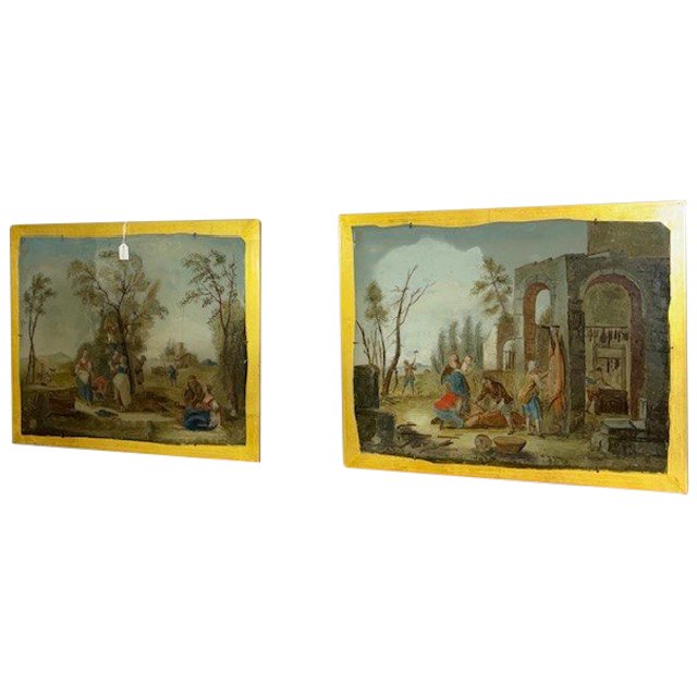 Antica coppia splendidi dipinti su vetro epoca XVIII sec . scuola veneta. Scene contadine mis 46 x 3