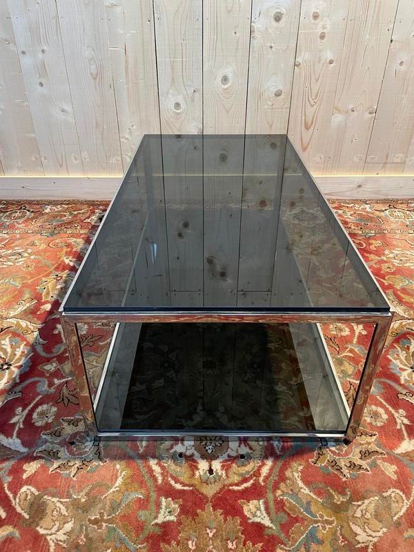 Table basse 1970 en chrome et verre fumé 