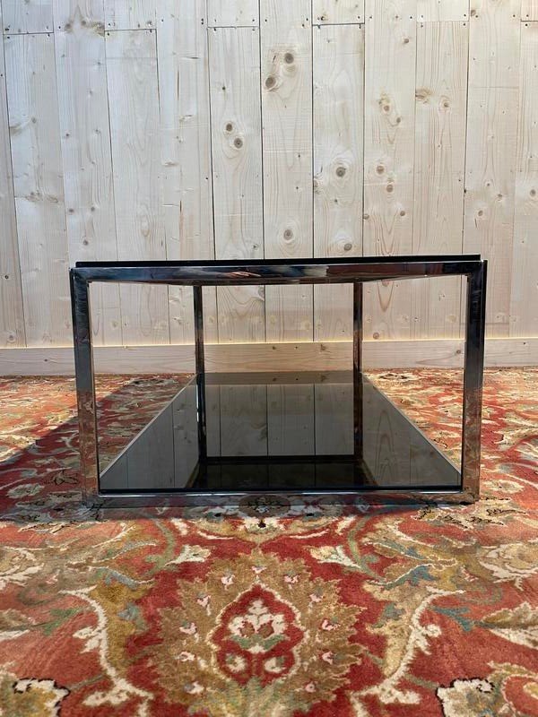 Table basse 1970 en chrome et verre fumé 