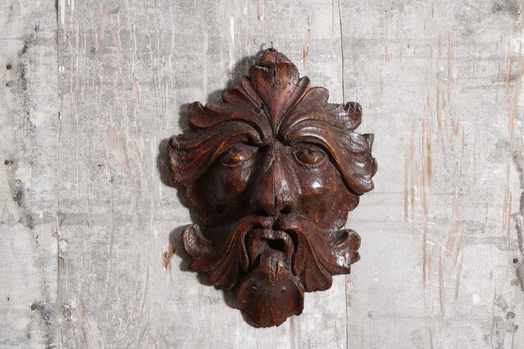 Mascaron "maschera a foglie" in legno intagliato, XVII secolo