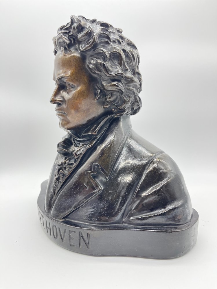 Grand Buste de Beethoven en Terre Cuite avec Patine Bronze