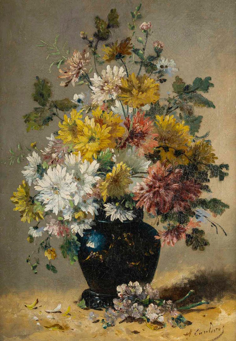 Eugène Henri Cauchois (1850-1911) Bouquet di margherite olio su tela 1890 circa