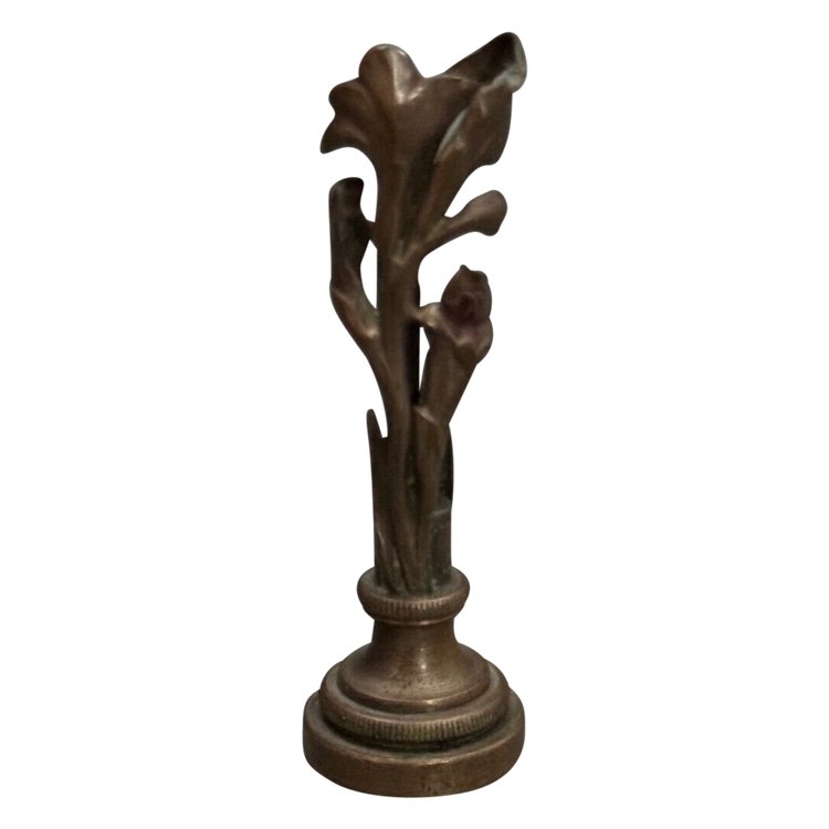 Cachet ou sceau en bronze XIXe décor végétal avec monogramme