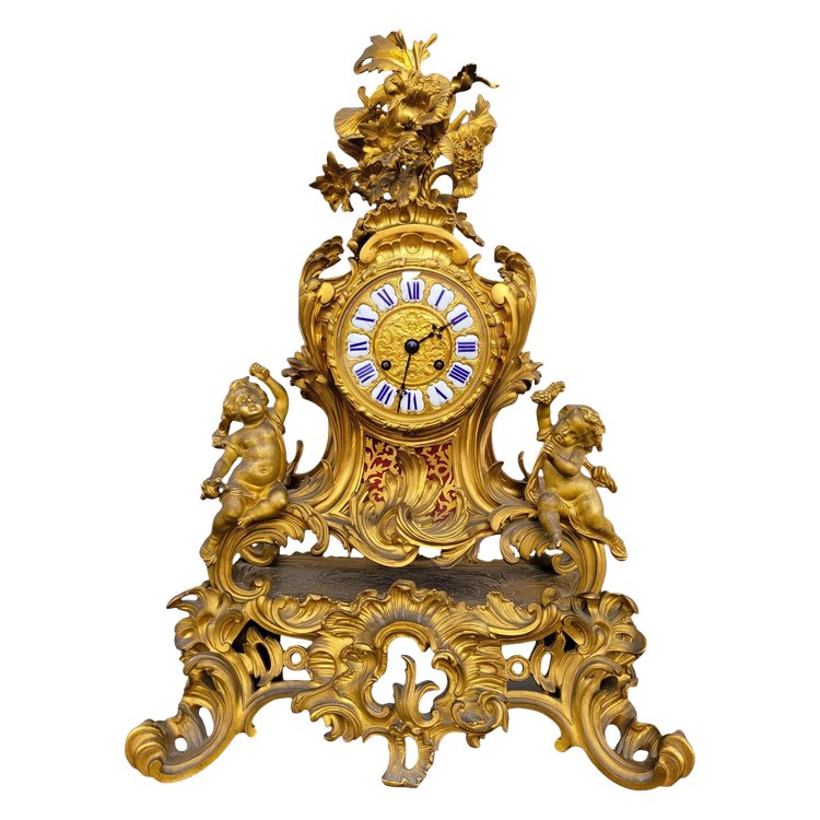 Gilt Bronze Rocaille Clock, Napoleon III, 19th Century
