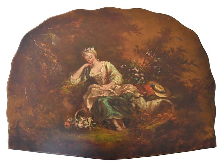 Sella in legno dipinto decorata con una donna seduta con cesto di fiori e paesaggio