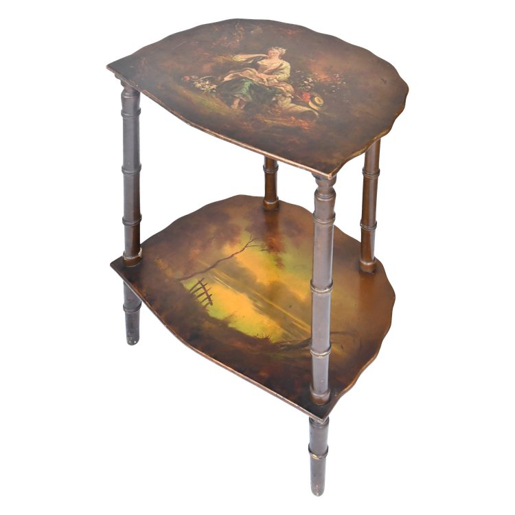 Sella in legno dipinto decorata con una donna seduta con cesto di fiori e paesaggio