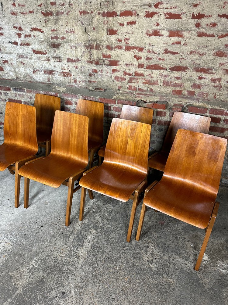 Scandinavian thermoformed beech chairs (set of 8) 1960'S
