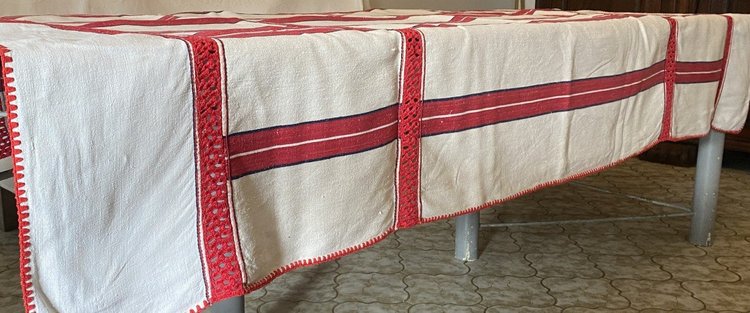 Rustic Linen and Hemp Tablecloth with Red Stripes 19th C