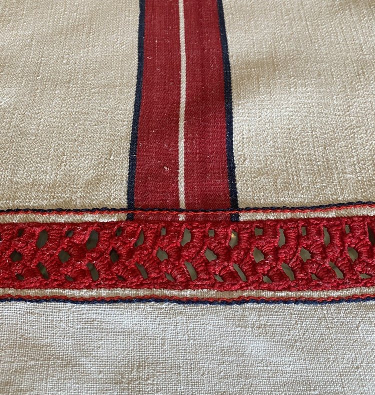 Rustic Linen and Hemp Tablecloth with Red Stripes 19th C