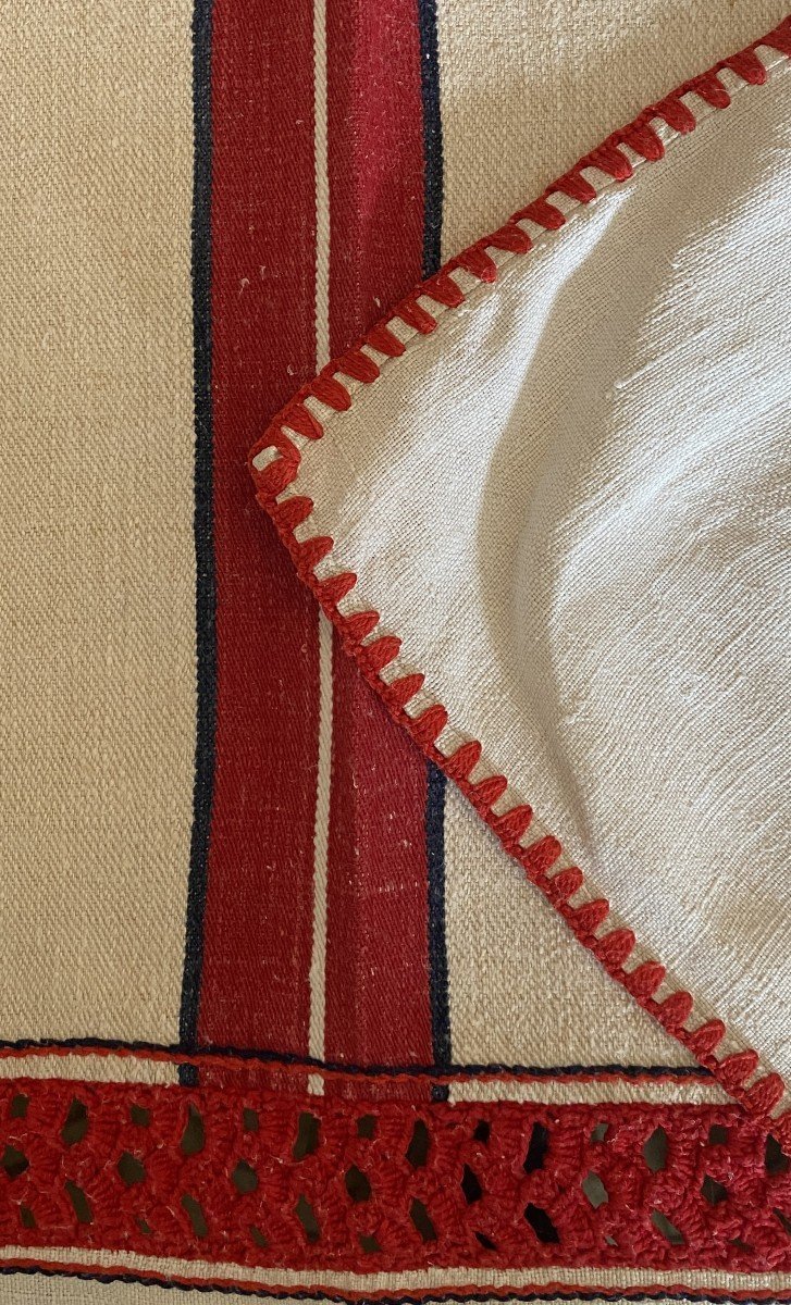 Rustic Linen and Hemp Tablecloth with Red Stripes 19th C