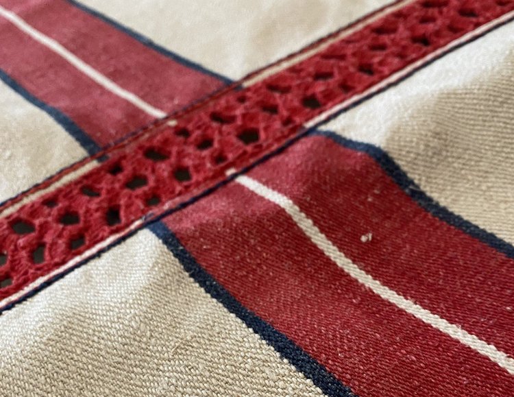 Rustic Linen and Hemp Tablecloth with Red Stripes 19th C