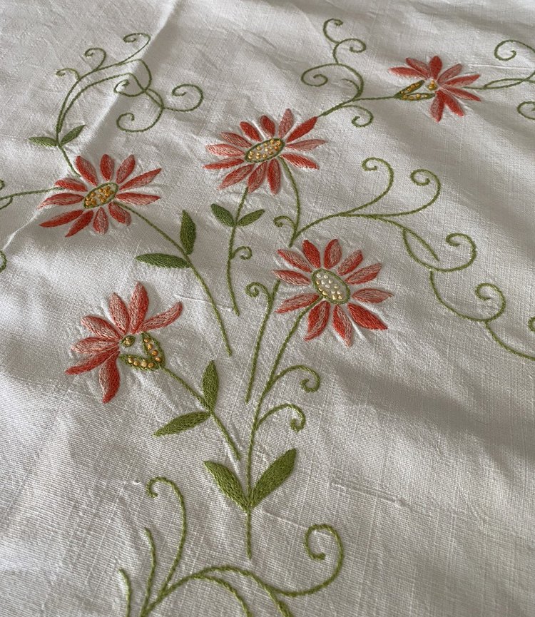 Linen Tablecloth Embroidered With Flowers And Arabesques 19th C.