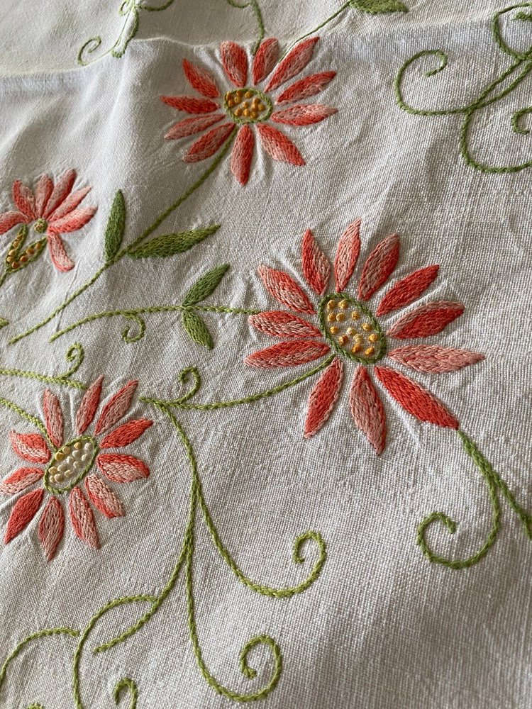 Linen Tablecloth Embroidered With Flowers And Arabesques 19th C.