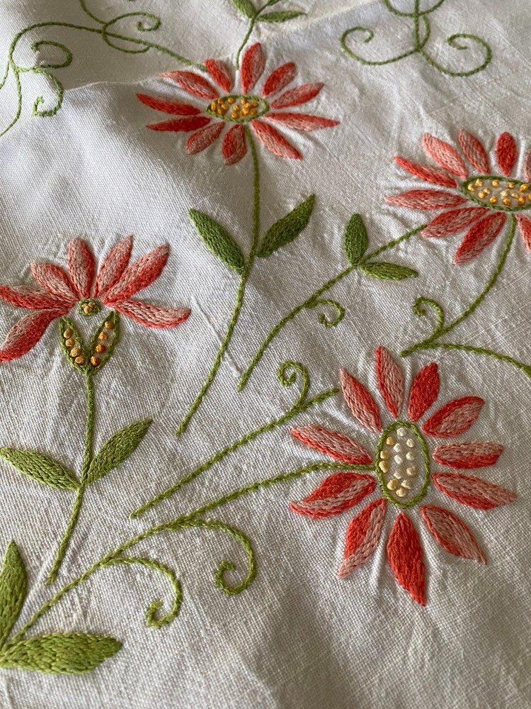 Linen Tablecloth Embroidered With Flowers And Arabesques 19th C.