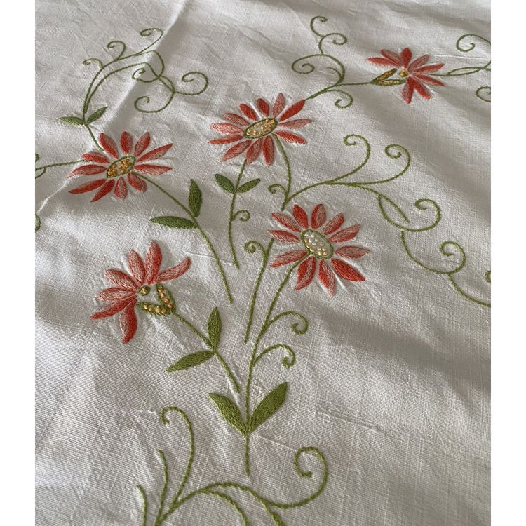Linen Tablecloth Embroidered With Flowers And Arabesques 19th C.