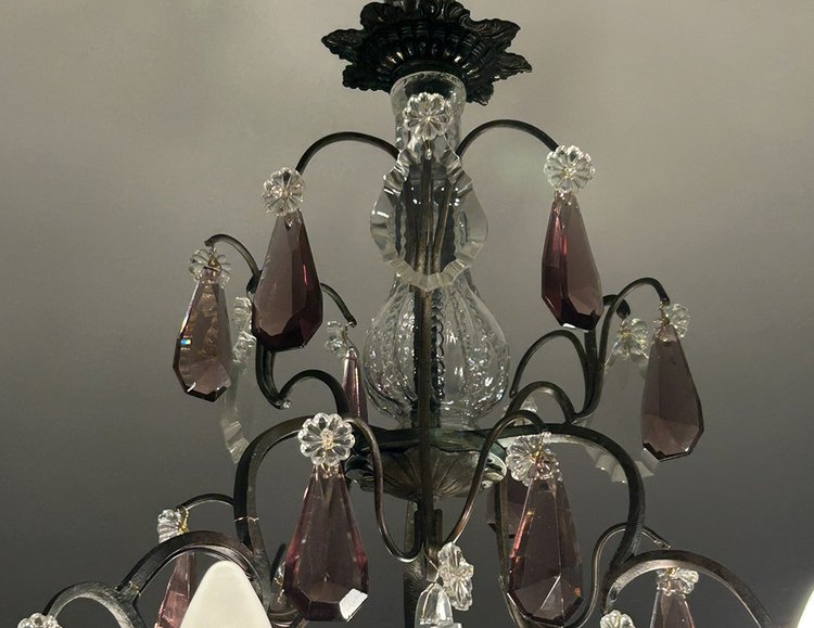Lampadario a 6 luci in bronzo con pendenti in cristallo tagliato Coltelli XIX secolo