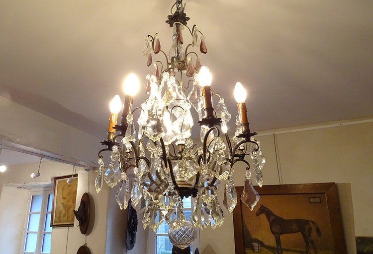 Lampadario a 6 luci in bronzo con pendenti in cristallo tagliato Coltelli XIX secolo