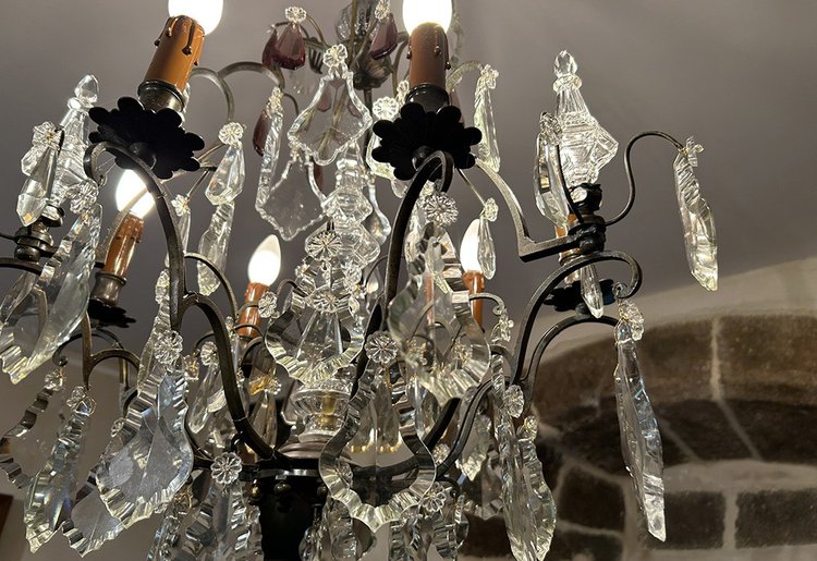 Lampadario a 6 luci in bronzo con pendenti in cristallo tagliato Coltelli XIX secolo
