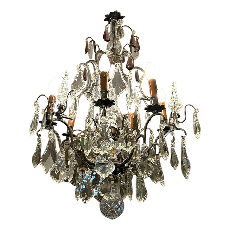 Lampadario a 6 luci in bronzo con pendenti in cristallo tagliato Coltelli XIX secolo