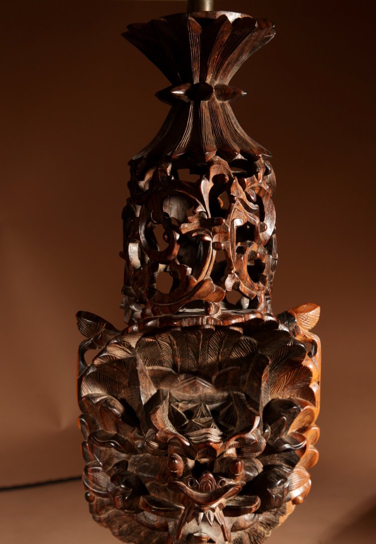  Indonesian, possibly Bali, original carved hardwood table lamp.
