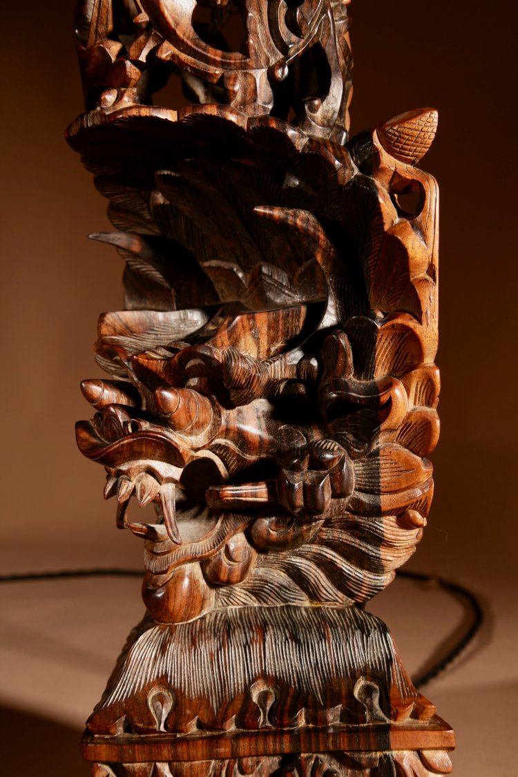  Indonesian, possibly Bali, original carved hardwood table lamp.