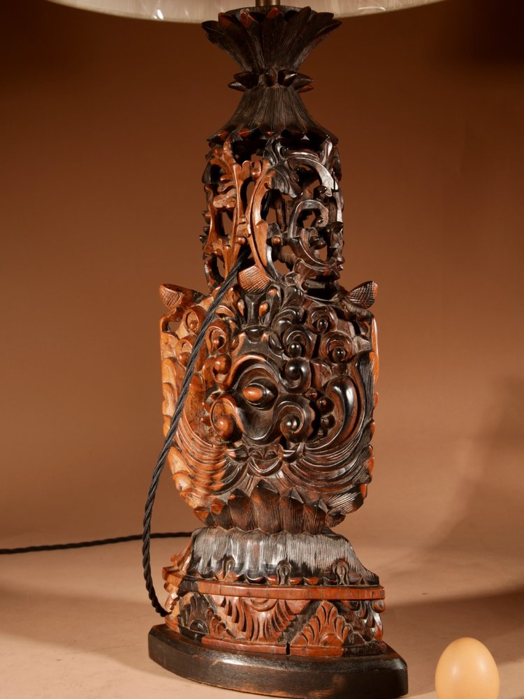 Indonesian, possibly Bali, original carved hardwood table lamp.
