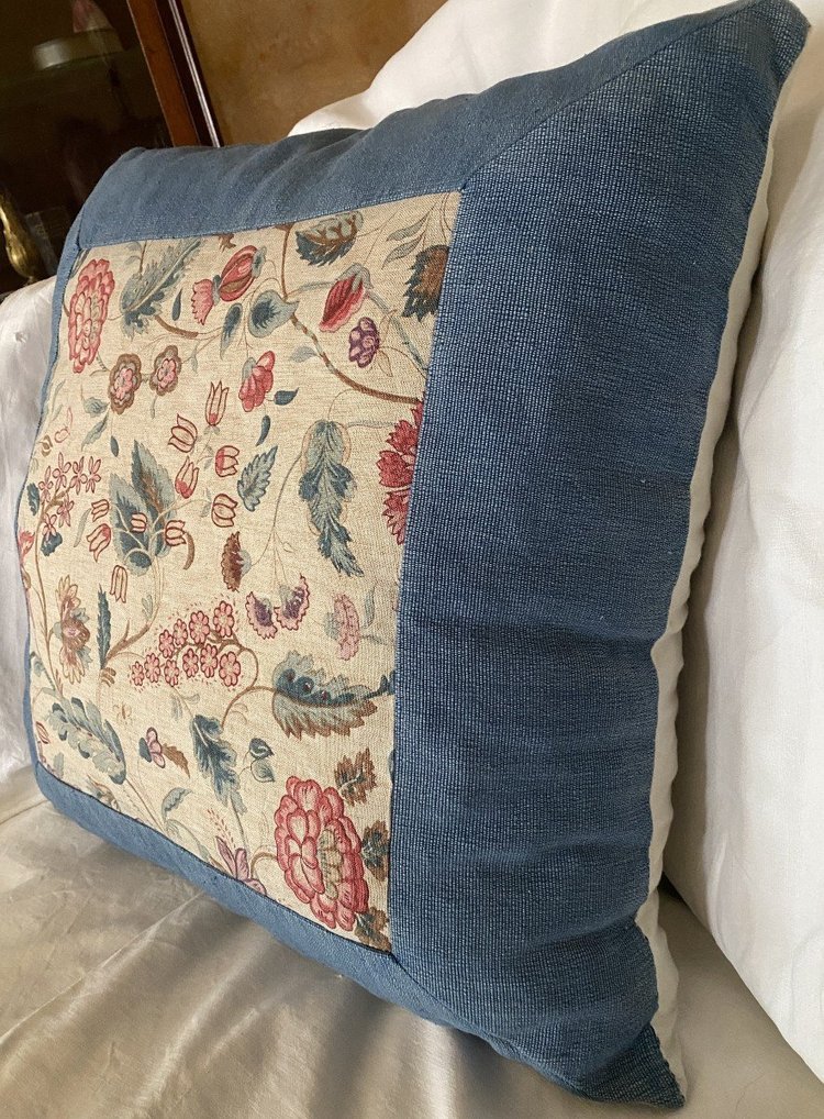 Grande Quadrato Cuscino con Fiori In Lino XIX