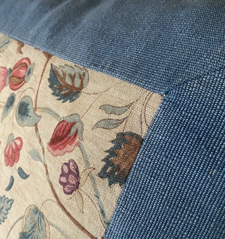 Grande Quadrato Cuscino con Fiori In Lino XIX