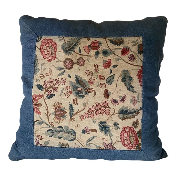 Grande Quadrato Cuscino con Fiori In Lino XIX