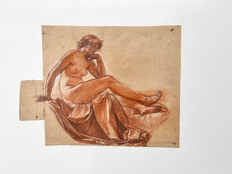 Preparatory drawing with three pencils - Alexis-Joseph Mazerolle Female nude with pearl