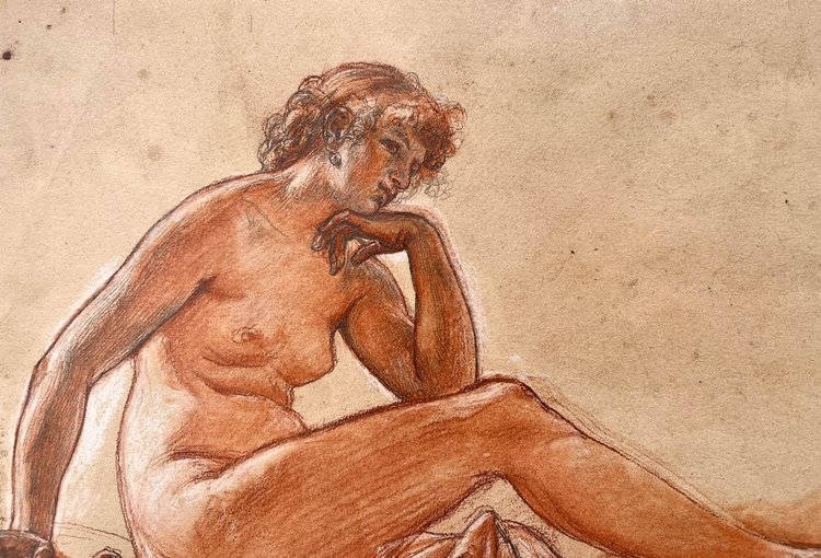 Preparatory drawing with three pencils - Alexis-Joseph Mazerolle Female nude with pearl