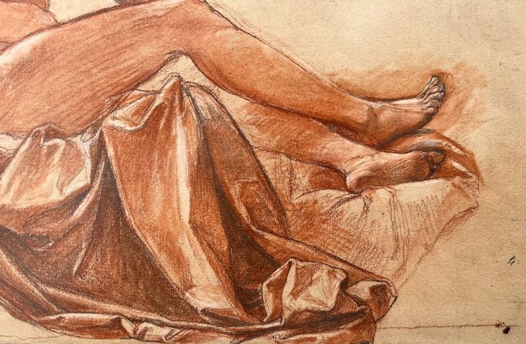 Preparatory drawing with three pencils - Alexis-Joseph Mazerolle Female nude with pearl