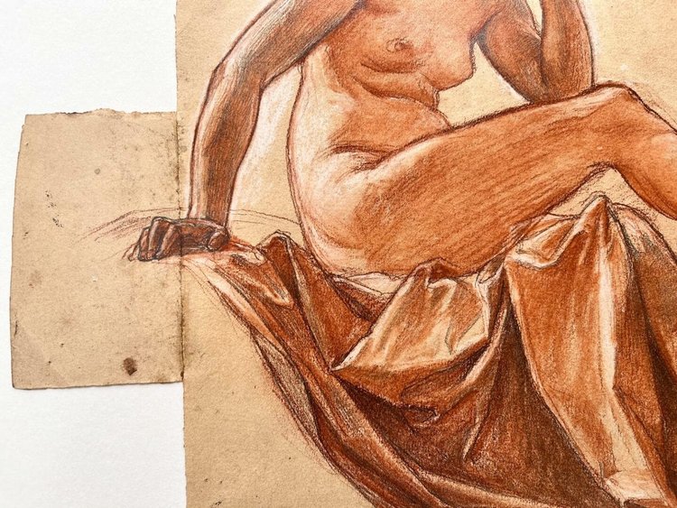 Preparatory drawing with three pencils - Alexis-Joseph Mazerolle Female nude with pearl