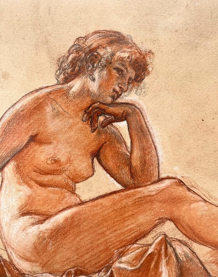 Preparatory drawing with three pencils - Alexis-Joseph Mazerolle Female nude with pearl