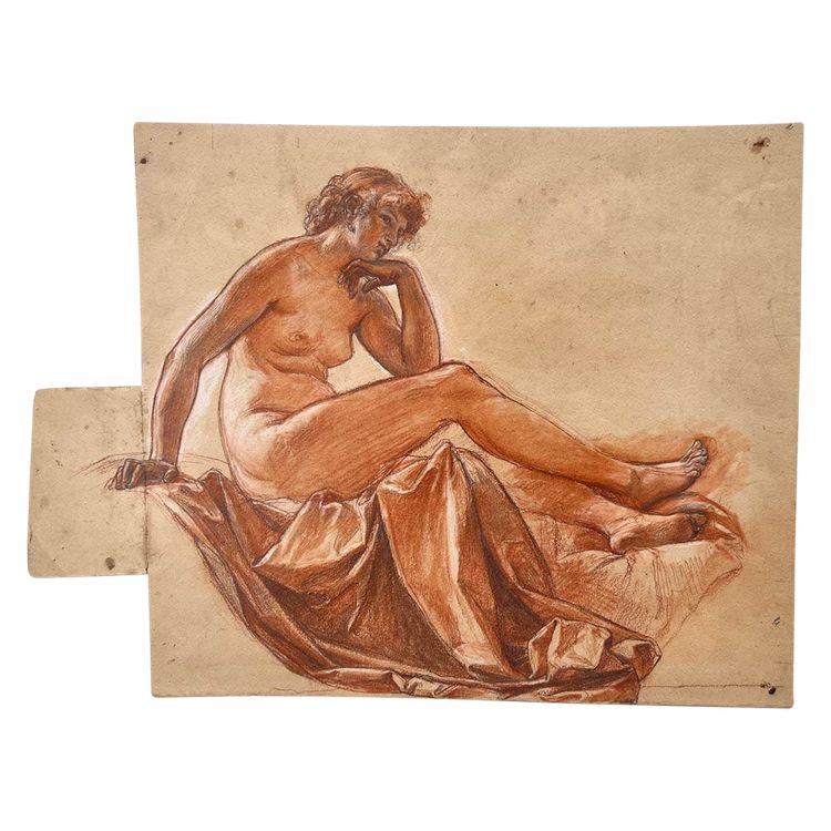 Preparatory drawing with three pencils - Alexis-Joseph Mazerolle Female nude with pearl