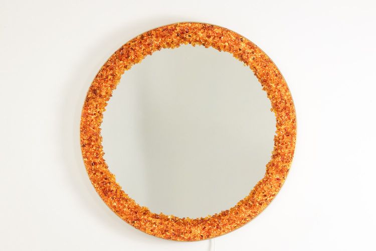 Miroir circulaire et rétroéclairé en ambre. Travail contemporain d’artiste. LS60082232B