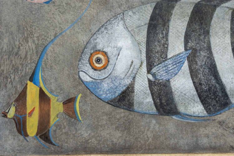 Toile peinte représentant une planche de poissons. Travail contemporain. LS6026911A