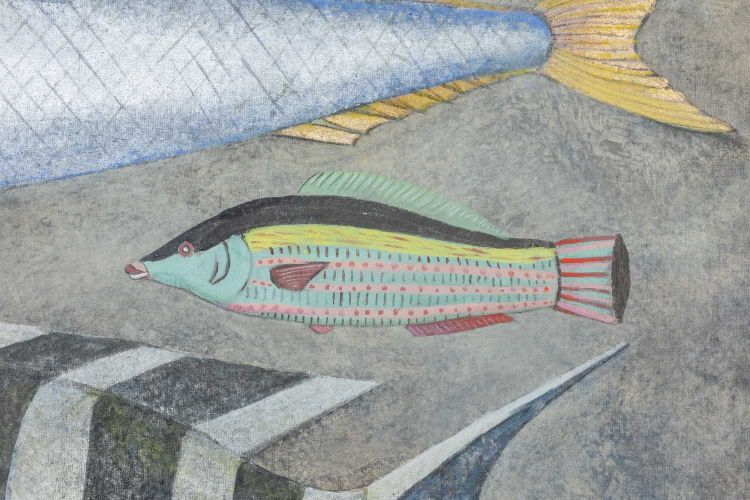 Toile peinte représentant une planche de poissons. Travail contemporain. LS6026911A