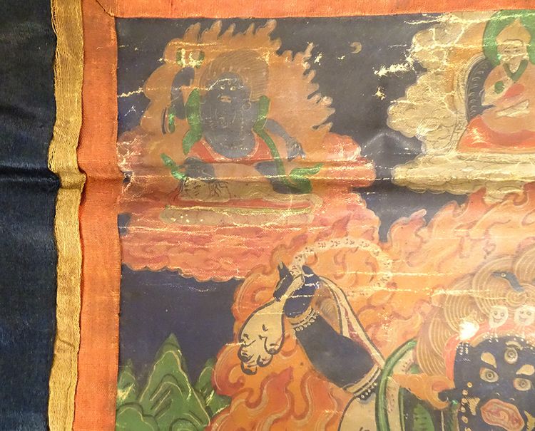 Pittura buddista tibetana Thangka Mahakala 6 braccia Dharmapala Tibet XVIII secolo