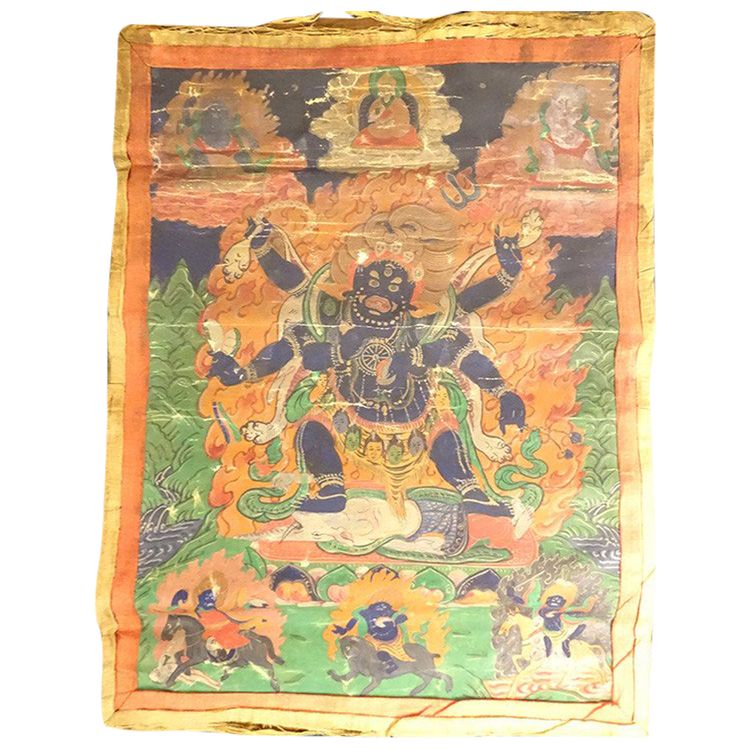 Pittura buddista tibetana Thangka Mahakala 6 braccia Dharmapala Tibet XVIII secolo