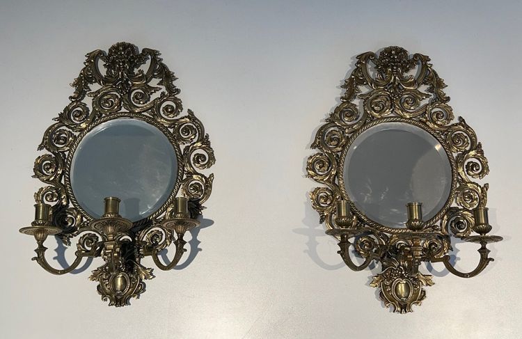 Importante Paire d'Appliques De Style Louis XIV En Bronze Ciselé Et Miroir à 3 Bras De Lumières