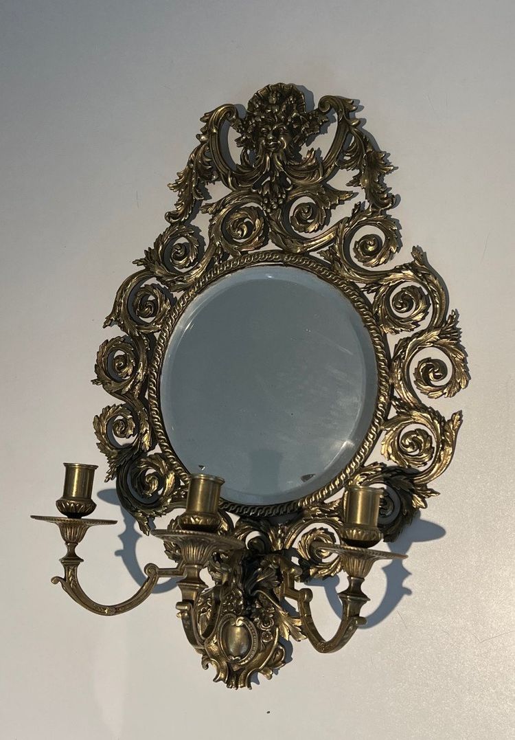Importante Paire d'Appliques De Style Louis XIV En Bronze Ciselé Et Miroir à 3 Bras De Lumières