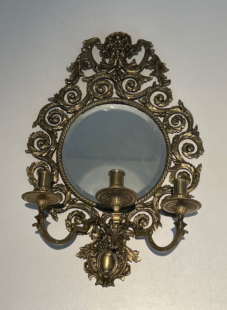 Importante Paire d'Appliques De Style Louis XIV En Bronze Ciselé Et Miroir à 3 Bras De Lumières