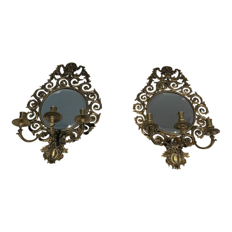 Importante Paire d'Appliques De Style Louis XIV En Bronze Ciselé Et Miroir à 3 Bras De Lumières