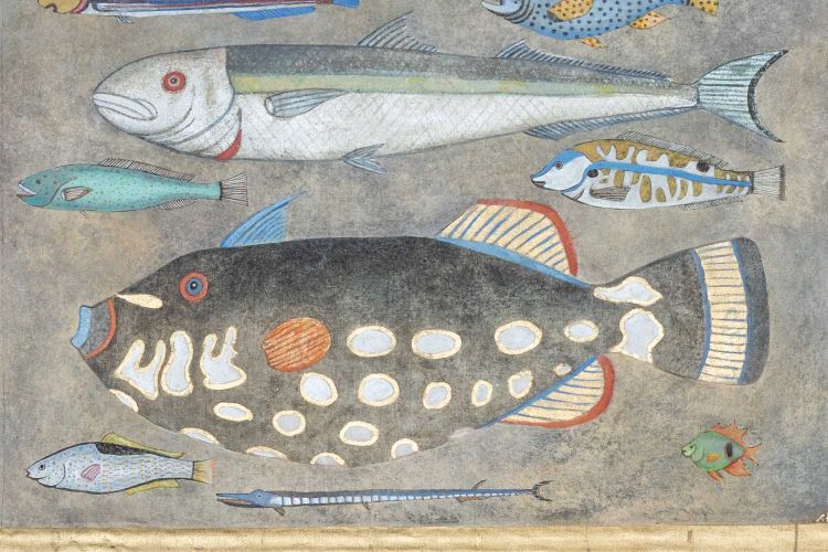 Tela dipinta che rappresenta un piatto di pesce. Opera contemporanea.LS6027911A