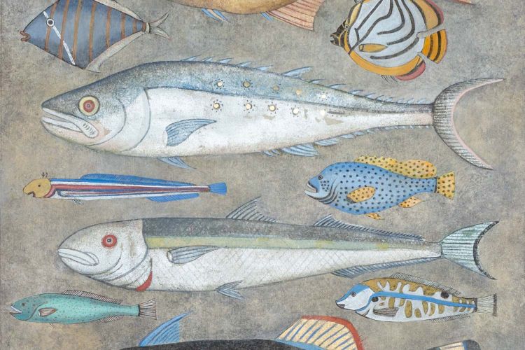 Tela dipinta che rappresenta un piatto di pesce. Opera contemporanea.LS6027911A