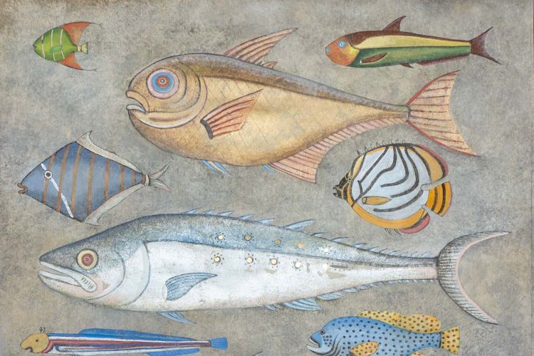 Tela dipinta che rappresenta un piatto di pesce. Opera contemporanea.LS6027911A