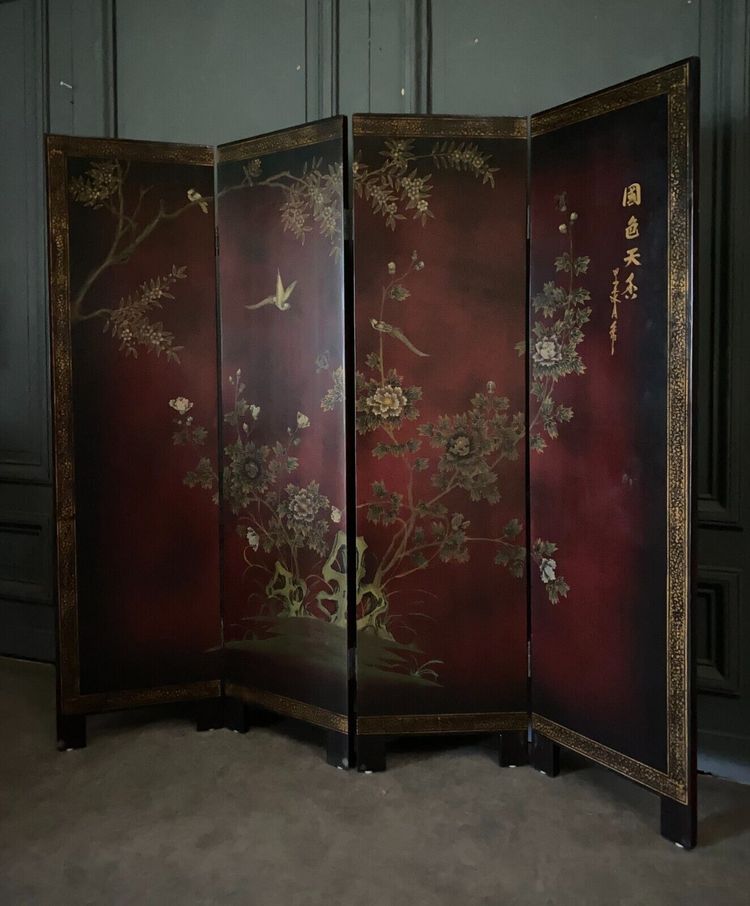 Chinese lacquer screen, 4 panels, naturalistic décor, early 20th century